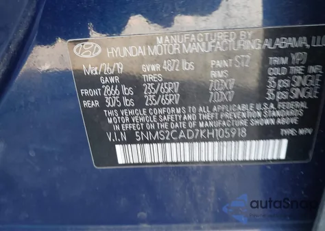 2019 Hyundai Santa Fe Se from USA, damaged, VIN 5NMS2CAD7KH105918